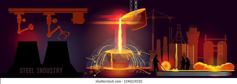 Steel industry banner. Smelting of metal in big foundry. Iron and factory workshop.  Worker. Metallurgy process. Hot steel pouring in plant 