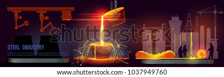 Steel industry banner. Steel worker. Metallurgy process. Hot steel pouring in steel plant. Smelting of metal in big foundry. Iron and factory workshop 