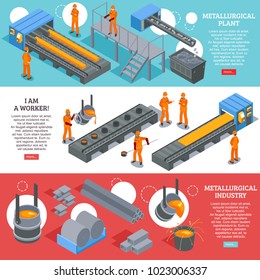 Steel Industry Metallurgical Plant Production Facilities 3 Isometric Horizontal Banners Webpage Design Colorful Background Isolated Vector Illustration 