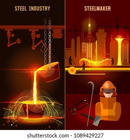Steel industry set. Metallurgy process. Hot steel pouring in steel plant. Smelting of metal in big foundry. Iron and factory workshop 