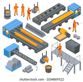 Steel iron aluminium metallurgical industry production isometric elements set with workers hot rolling and molding vector illustration 