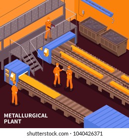 Steel And Iron Metallurgical Industry Hot Rolling Heavy Plate Production Plant Isometric Composition With Workers Vector Illustration  