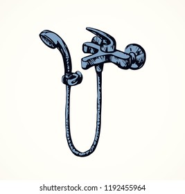 Steel jet spigot nozzle design on white washroom cabin wall backdrop. Outline black ink hand drawn spa tub room object logo emblem in art retro doodle graphic cartoon style pen on paper space for text