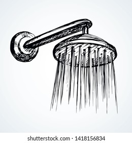 Steel jet spigot nozzle design on white washroom cabin wall backdrop. Outline black ink hand drawn spa tub room object logo emblem in art retro doodle graphic cartoon style pen on paper space for text