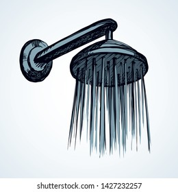 Steel jet spigot nozzle design on white washroom cabin wall backdrop. Outline black ink hand drawn spa tub room object logo emblem in art retro doodle graphic cartoon style pen on paper space for text