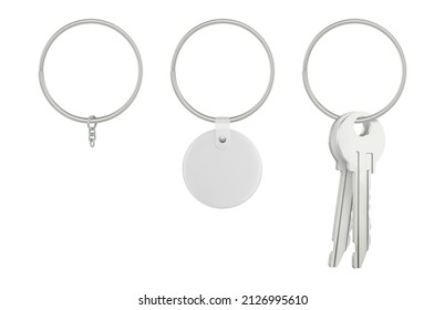 Steel keyring with blank label for text or number and two metal door keys isolated on white background.