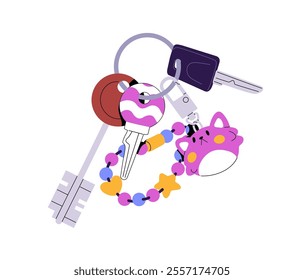 Steel keys with different sizes and shapes hanging on keyring with cute trinket. Home keychain, office keyholder, bunch. Keyfob to lock and unlock house. Flat isolated vector illustration on white