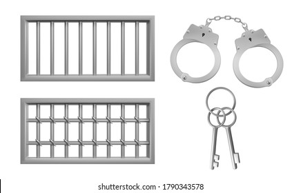 Steel lattice for prison windows, handcuffs and keys. Jail grid and manacles stuff for criminals and prisoners incarceration punishment isolated on white background. Realistic 3d vector illustration