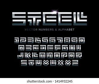 Steel letters and numbers set. Polished metal texture, square maze style vector latin alphabet. Font for events, promotions, logos, banner, monogram and poster. Typography design.