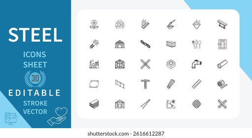 Steel Line Icons Set. Construction, Industry, Metal, Structures, Building, Factory And More. Outline Vector Icon In Linear Style. Editable Stroke. Vector Illustration.
