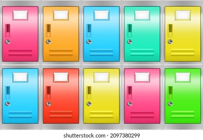 Steel locker cabinet with colored compartments for storage room, school, office or gym. Vector realistic illustration of metal boxes with keyholes and blank labels on doors