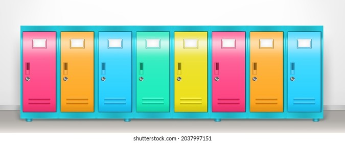 Steel lockers with colored closed doors in school corridor or changing room in gym. Vector realistic interior with individual metal cabinets with keyholes and blank labels in sport or fitness club