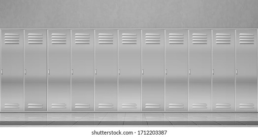 Steel lockers in school corridor or changing room in gym. Vector realistic interior with individual metal cabinets with closed doors in sport or fitness club. Security storage in public room