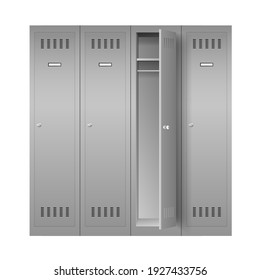 Steel lockers, set of realistic metal cabinets for school or gym changing room. Row of gray storage furniture with closed and open doors on white background. 3d vector illustration