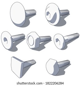 steel long bolts hardware collection with shadow from the left top view isolated on white background vector illustration