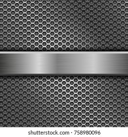 Steel long plate on perforated background. Vector 3d illustration