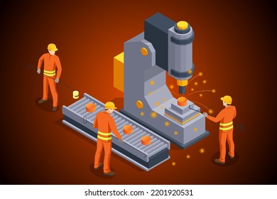 Steel making automated equipment. Isometric industrial steel production and metallurgy. Continuous casting machine. Production of steel billets.