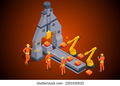 Steel making automated equipment. Isometric industrial steel production and metallurgy. Continuous casting machine. Production of steel billets.