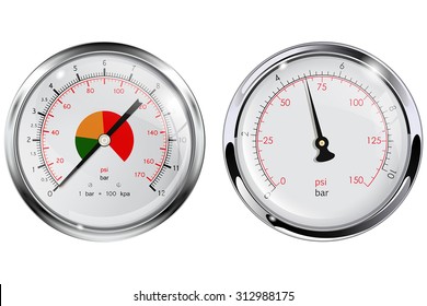 Steel Manometer for water pipes. Chrome frame. Vector isolated on white.