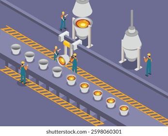 Steel Manufacturing and Casting Process in a Factory 3d flat vector illustrations