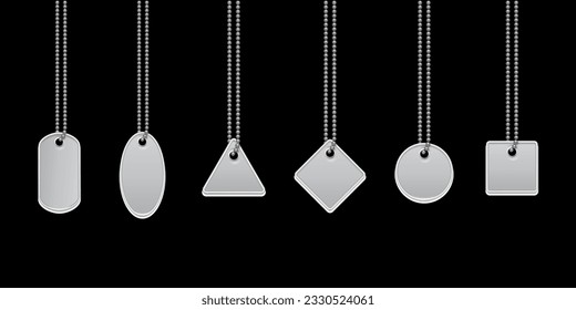 Steel medal set vector illustration. 3d silver necklaces with badges of square circle rectangle star shape hang on metal chain, glossy jewelry accessory, isolated dog or cat identification medallion.
