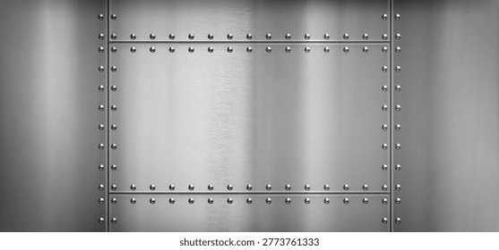 Steel metal border, background with rivets and iron texture, vector illustration. Polished silver sheet, aluminum surface panel with bolts, realistic scratches and metallic sheen, airplane wall design