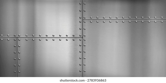 Steel metal border, background with rivets and iron texture, vector illustration. Polished silver sheet, aluminum surface panel with bolts, realistic scratches and metallic sheen, airplane wall design
