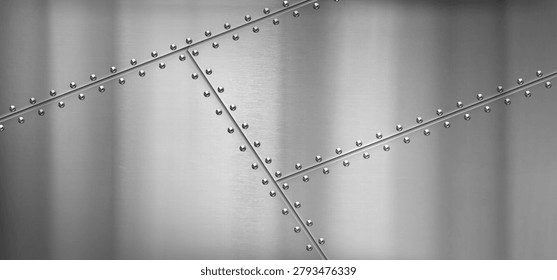 Steel metal border, background with rivets and iron texture, vector illustration. Polished silver sheet, aluminum surface panel with bolts, realistic scratches and metallic sheen, airplane wall design