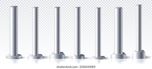 Steel metal pillars on copy space. Factory and manufacturing. Building and architecture. Pole cylinders screwed by bolts. Realistic isometric vector collection isolated on transparent background