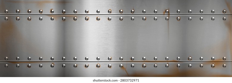 Steel metal rusty border, background with rivets and iron texture, vector illustration. Old polished silver sheet, surface panel with bolts, realistic scratches or metallic sheen, airplane wall design
