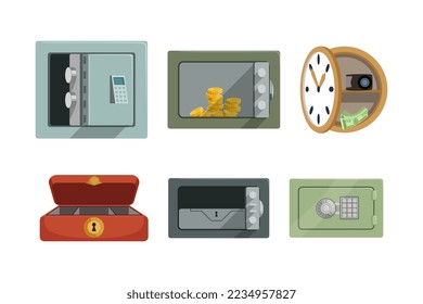 Steel and Metal Safe or Strongbox as Secure Lockable Box for Saving Valuable Object Vector Set