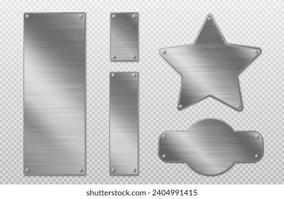 Steel metal tag plate with borders and rivets. Realistic vector set of blank aluminum nameplates or boards with space for text. Silver empty plaque or frame mockup with chrome texture surface.