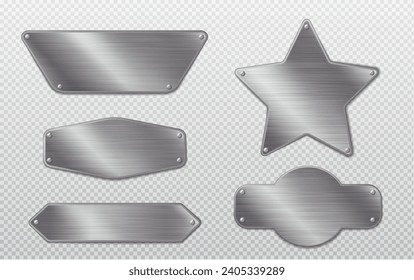 Steel metal tag plate with borders and rivets. Realistic vector set of blank aluminum nameplates or boards with space for text. Silver empty plaque or frame mockup with chrome texture surface.