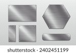 Steel metal tag plate of rectangular, square and hexagon shape with rivets. Realistic vector set of blank aluminum nameplates or boards with screws. Chrome surface empty plaque or frame mockup.