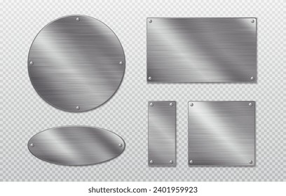 Steel metal tag plate of rectangular, square and round shape with rivets. Realistic vector set of blank aluminum nameplates or boards with screws. Chrome surface empty plaque or frame mockup.