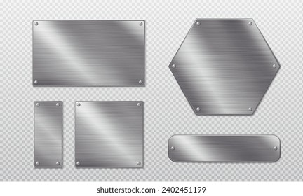 Steel metal tag plate of rectangular, square and hexagon shape with rivets. Realistic vector set of blank aluminum nameplates or boards with screws. Chrome surface empty plaque or frame mockup.