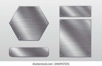 Steel metal tag plate of rectangular, square and hexagon shape with rivets. Realistic vector set of blank aluminum nameplates or boards with screws. Chrome surface empty plaque or frame mockup.