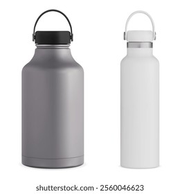 Steel metal water bottle vector illustration, reusable thermos package template. Tourism, cycling or climbing sport tin. Insulated aluminum container with handle, promotion blank