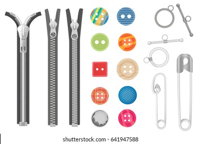 Steel metal zipper and objects for sewing, handicraft collection. Realistic buttons and zippers set.