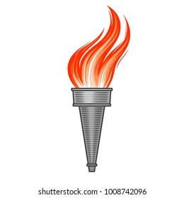 Steel metallic torch with flame in vintage style. Symbol of sport and victory in retro graphic manner