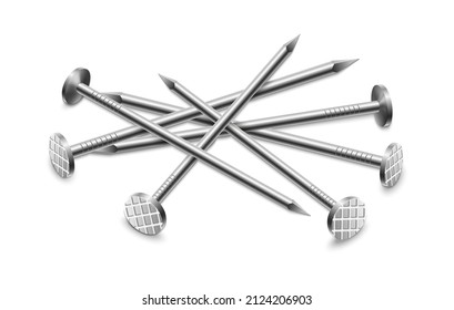 Steel nails. Hammering nail pile vector illustration, heap of fixing construction iron pins, close-up metallic spikes, hobnail stack instrument tools isolated on white background