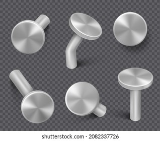 Steel nails. Metal construction items spike hardware carpentry iron caps tools decent vector realistic collection isolated