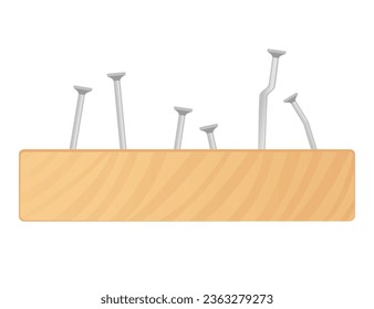 Steel nails in wooden plank vector illustration isolated on white background