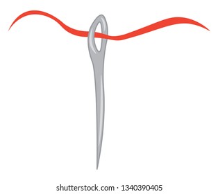 A steel needle with red thread used for sewing by hand vector color drawing or illustration 