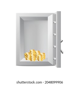 Steel open bank safe with stacks gold coins. Armored metal box with combination lock for security, safety and protection money. Vector 3d realistic isolated illustration.