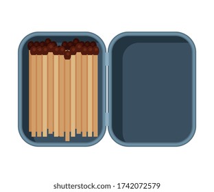 Steel Opened Matchbox with Matches, Sulphur Head Match set for Bonfire, Gas Stove, Smoking Vector Illustration