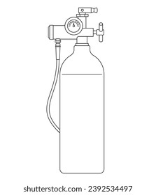 Steel oxygen tank icon in thin line - O2 gas reservoir for breathing due to medical issues, scuba diving, mountaineering or aircraft