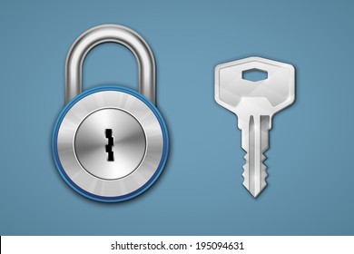 Steel padlock and key on blue background. Security concept. Photo-realistic vector illustration