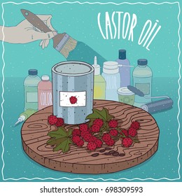 Steel Paint Can of Castor oil and seeds of Castorbean or Ricinus communis plant. Hand holding paint brush. Natural vegetable oil used for paint manufacture. Vector illustration