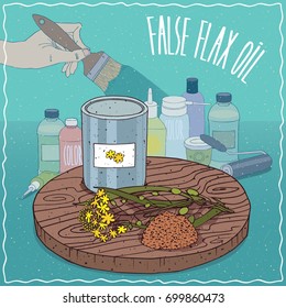 Steel Paint Can of False flax oil and Camelina sativa plant. Hand holding paint brush. Natural vegetable oil used for paint manufacture. Vector illustration